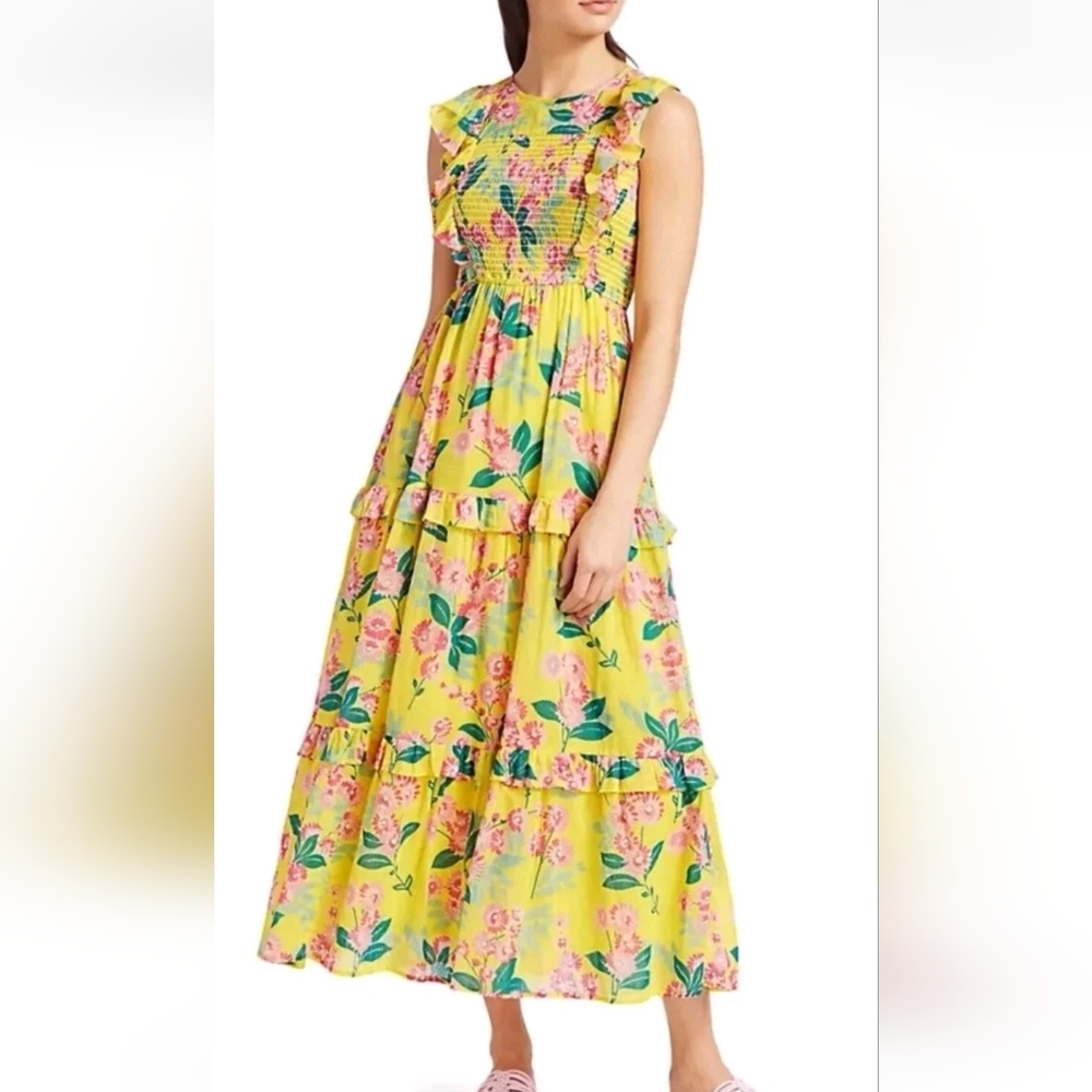 Benjanan Iris Smocked Floral Ruffle Yellow Midi Dress‎ In Ascot Gsvotte Aurora.